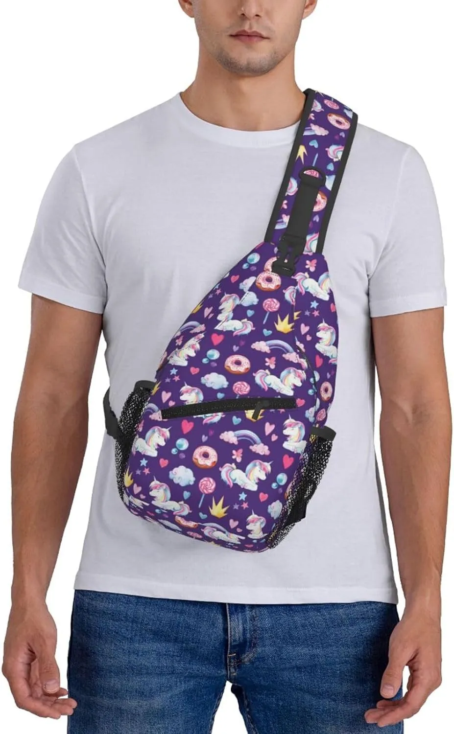 Watercolor Unicorns Rainbow Donut Chest Sling Bag Crossbody Shoulder Backpack Bag Gym Cycling Travel Hiking Daypack Cross Bag