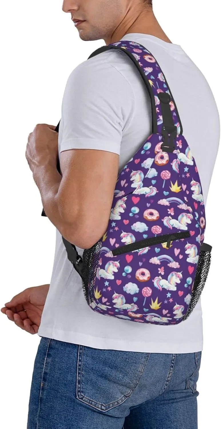 Watercolor Unicorns Rainbow Donut Chest Sling Bag Crossbody Shoulder Backpack Bag Gym Cycling Travel Hiking Daypack Cross Bag