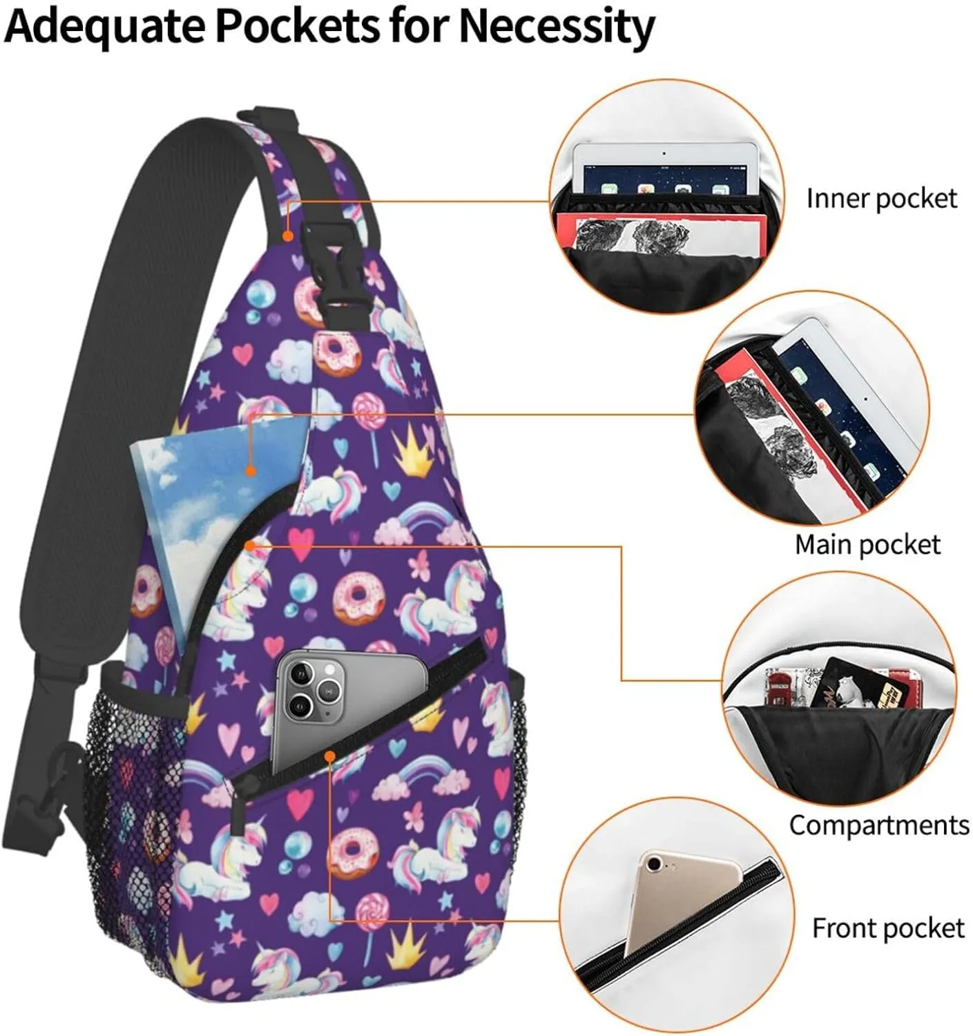 Watercolor Unicorns Rainbow Donut Chest Sling Bag Crossbody Shoulder Backpack Bag Gym Cycling Travel Hiking Daypack Cross Bag
