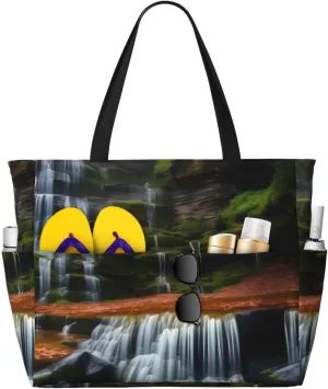 Waterfall View Print 28L Beach Tote Bag, Water-resistant Travel Tote, Lightweight Gym & Camping Carryall