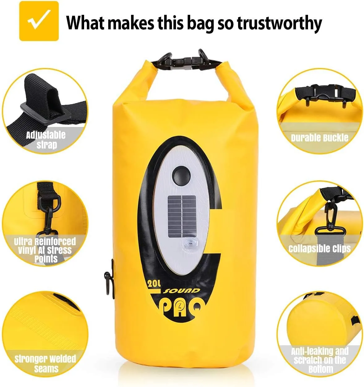 Waterproof 20L Dry Bags with Wireless Speaker Backpack for Fishing Hiking Floating,Solar Dry Storage Bag Built-in 2000mAh Battery and 5 Lighting Modes for Camping