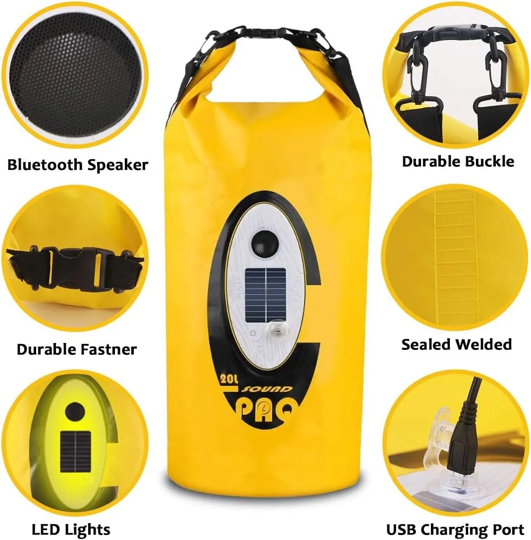 Waterproof 20L Dry Bags with Wireless Speaker Backpack for Fishing Hiking Floating,Solar Dry Storage Bag Built-in 2000mAh Battery and 5 Lighting Modes for Camping