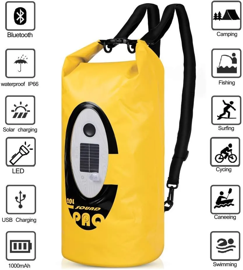 Waterproof 20L Dry Bags with Wireless Speaker Backpack for Fishing Hiking Floating,Solar Dry Storage Bag Built-in 2000mAh Battery and 5 Lighting Modes for Camping
