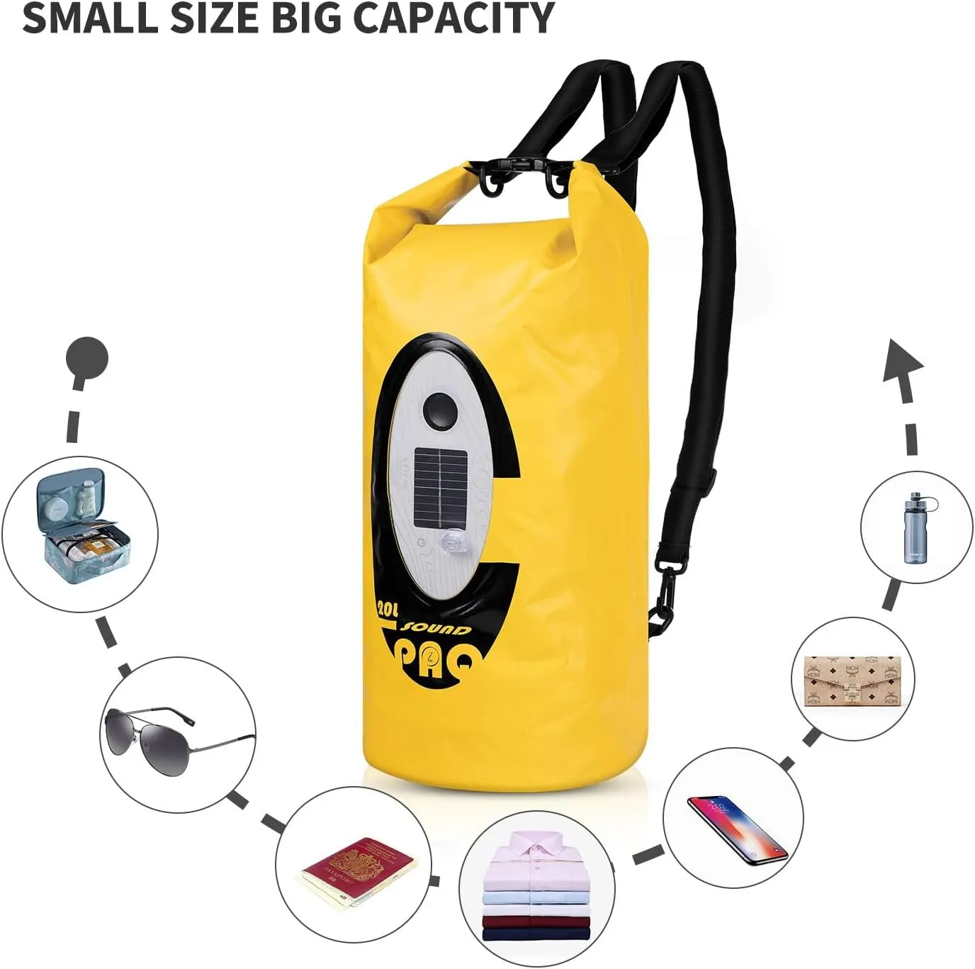 Waterproof 20L Dry Bags with Wireless Speaker Backpack for Fishing Hiking Floating,Solar Dry Storage Bag Built-in 2000mAh Battery and 5 Lighting Modes for Camping