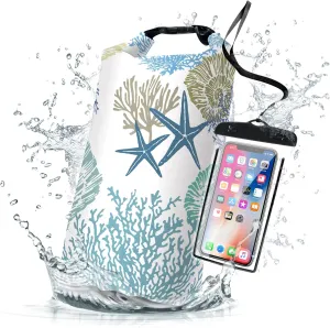Waterproof Dry Bag,Roll Top Nautical Coastal Ocean Beach Seashell Starfish Waterproof Backpack 5L/10L/20L Floating Lightweight Bags for Kayaking, Boating, Swimming Camping with Waterproof Phone Case