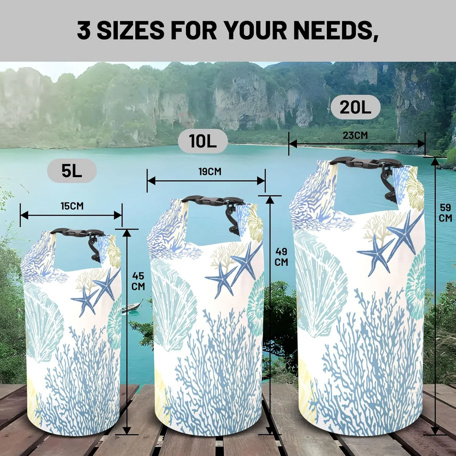 Waterproof Dry Bag,Roll Top Nautical Coastal Ocean Beach Seashell Starfish Waterproof Backpack 5L/10L/20L Floating Lightweight Bags for Kayaking, Boating, Swimming Camping with Waterproof Phone Case