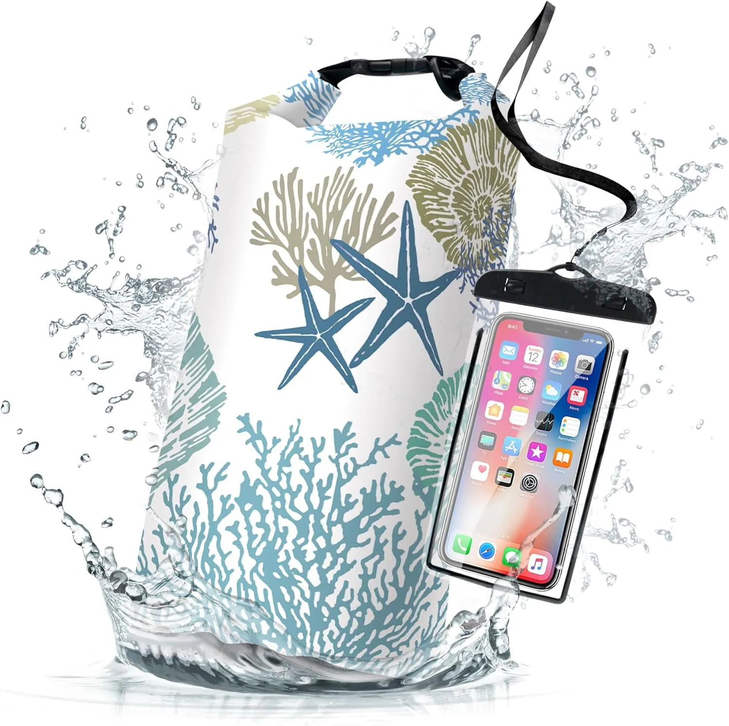 Waterproof Dry Bag,Roll Top Nautical Coastal Ocean Beach Seashell Starfish Waterproof Backpack 5L/10L/20L Floating Lightweight Bags for Kayaking, Boating, Swimming Camping with Waterproof Phone Case