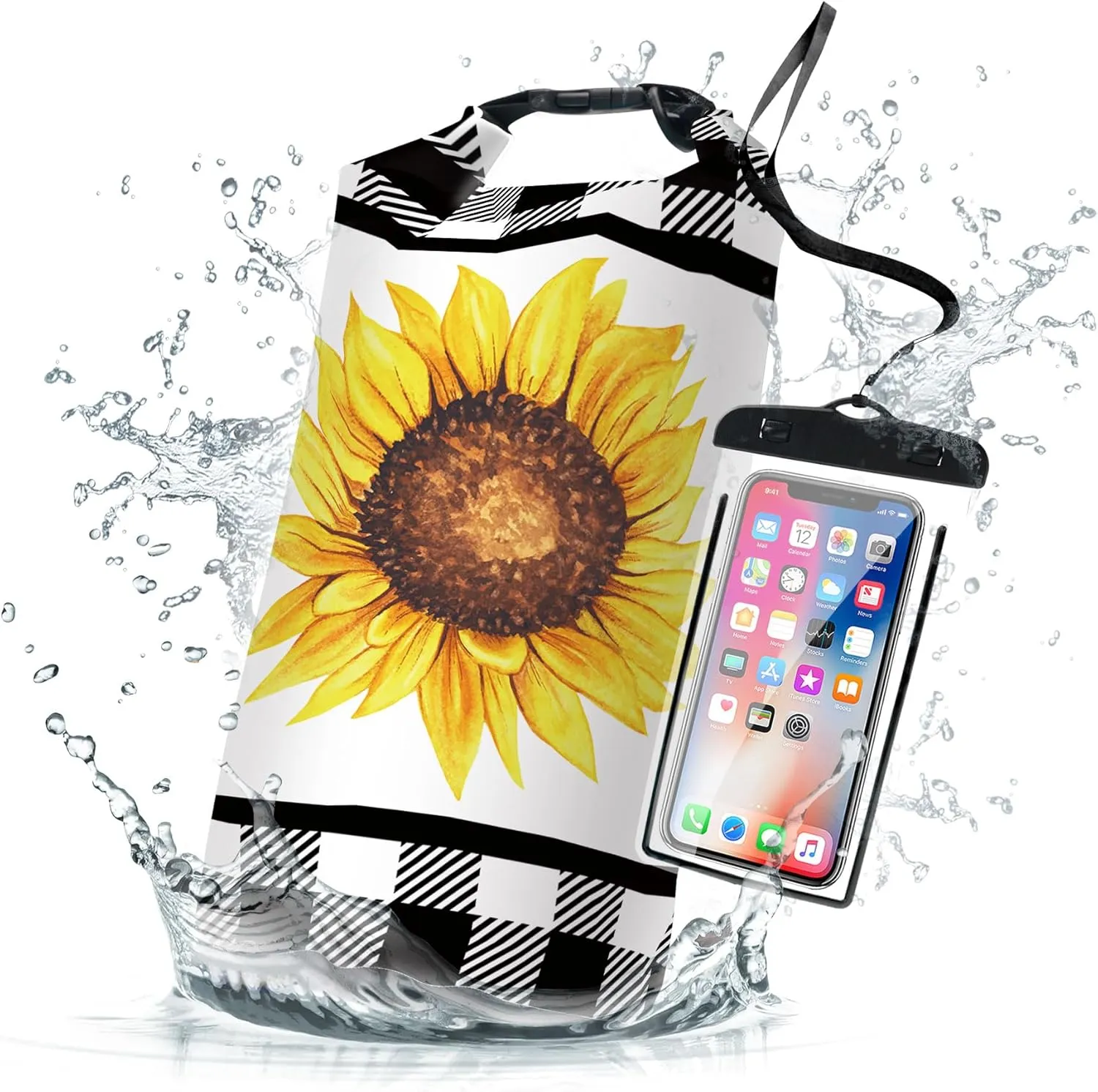 Waterproof Dry Bag,Roll Top Sunflower Small Waterproof Backpack 2L/5L/10L/20L/30L/40L Floating Lightweight Bags for Kayaking, Boating, Fishing, Swimming Camping with Waterproof Phone Case