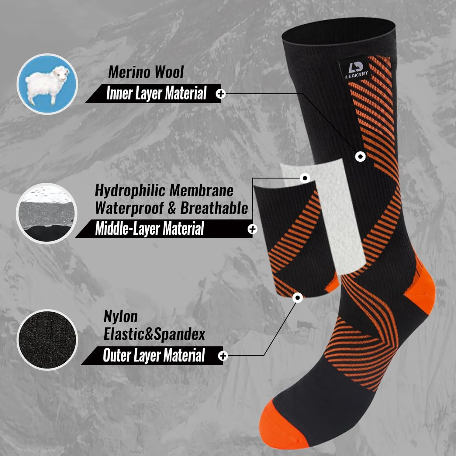 Waterproof Socks,Mid Calf Socks,Merino Wool Thermal Ligthweight Breathable,Hiking,Cycling,Running,Skiing,Fishing