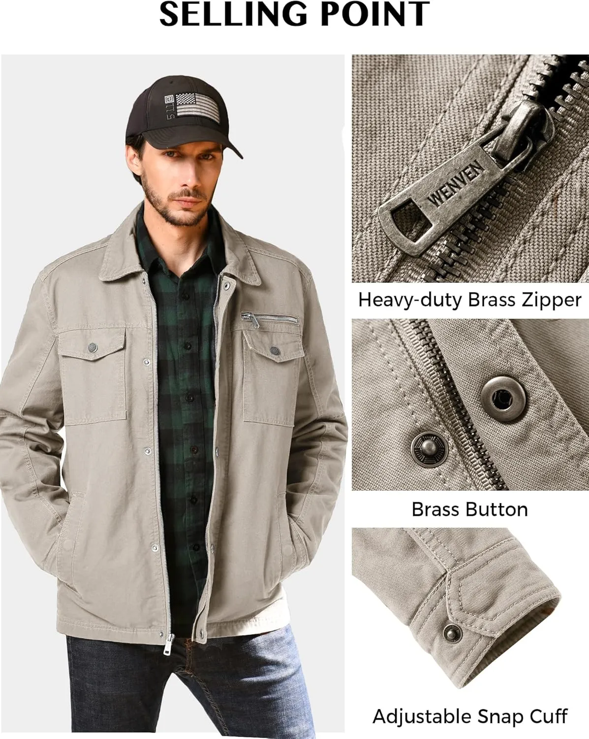 WenVen Men's Casual Canvas Cotton Military Lapel Jacket