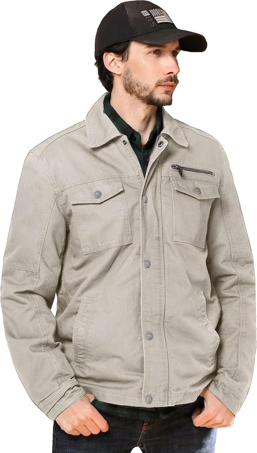 WenVen Men's Casual Canvas Cotton Military Lapel Jacket