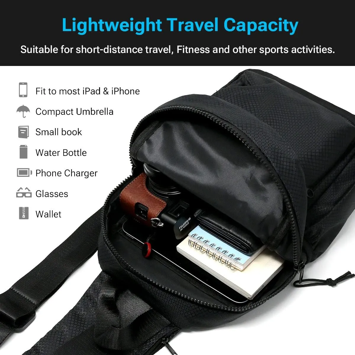 WESTEND Black Crossbody Sling Bag with Adjustable Strap for Traveling, Hiking, Daypack for Men and Women
