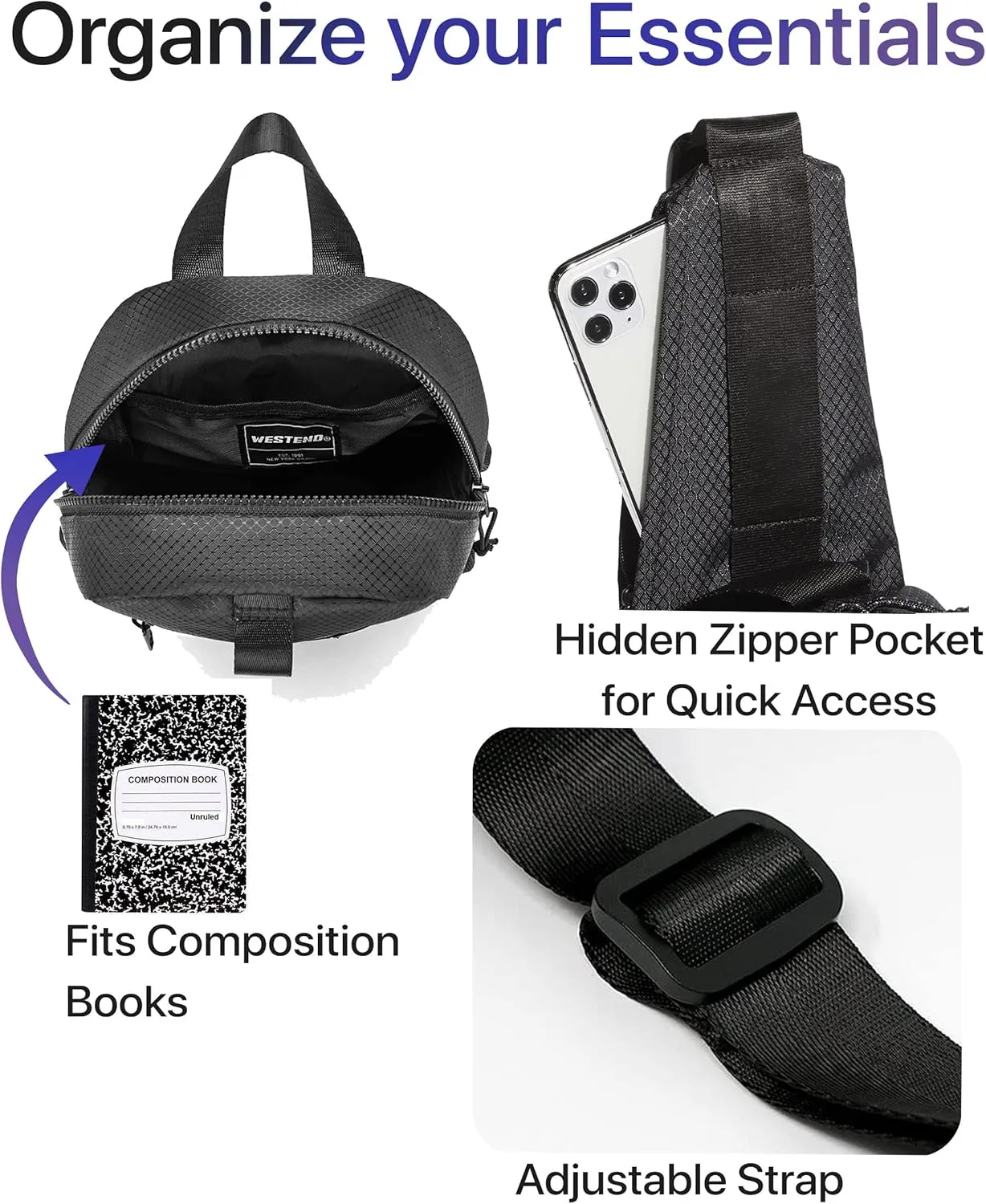 WESTEND Black Crossbody Sling Bag with Adjustable Strap for Traveling, Hiking, Daypack for Men and Women