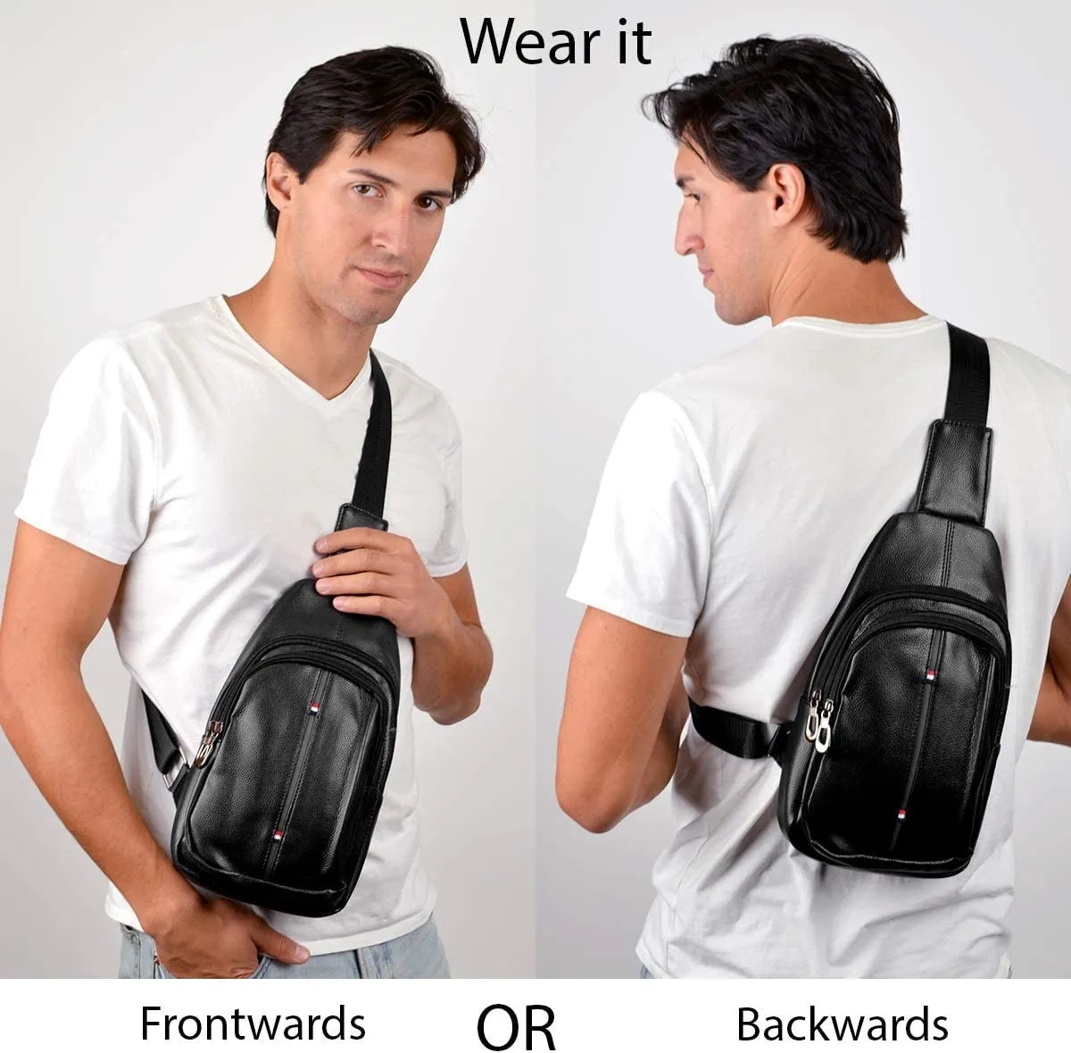 WESTEND Crossbody Leather Sling Bag Backpack with Adjustable Strap -  Black Leather