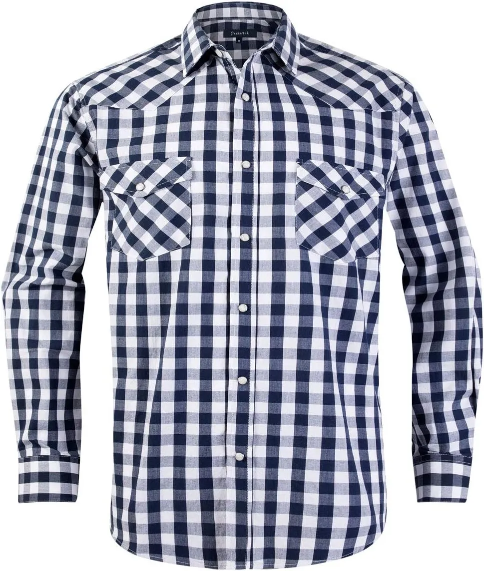Western Shirts for Men with Snap Buttons Regular Fit Plaid Mens Long Sleeve Shirts Casual