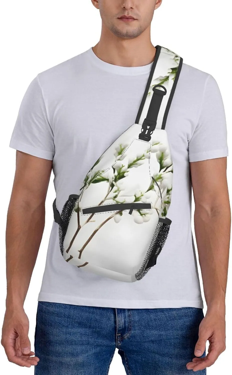 White Natural Green Branch High Storage Capacity Chest Bag Diagonally Sling Backpack Crossbody Shoulder Bag For Men Women