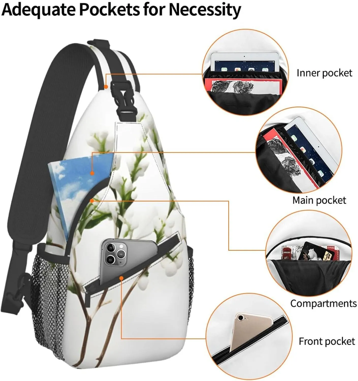 White Natural Green Branch High Storage Capacity Chest Bag Diagonally Sling Backpack Crossbody Shoulder Bag For Men Women