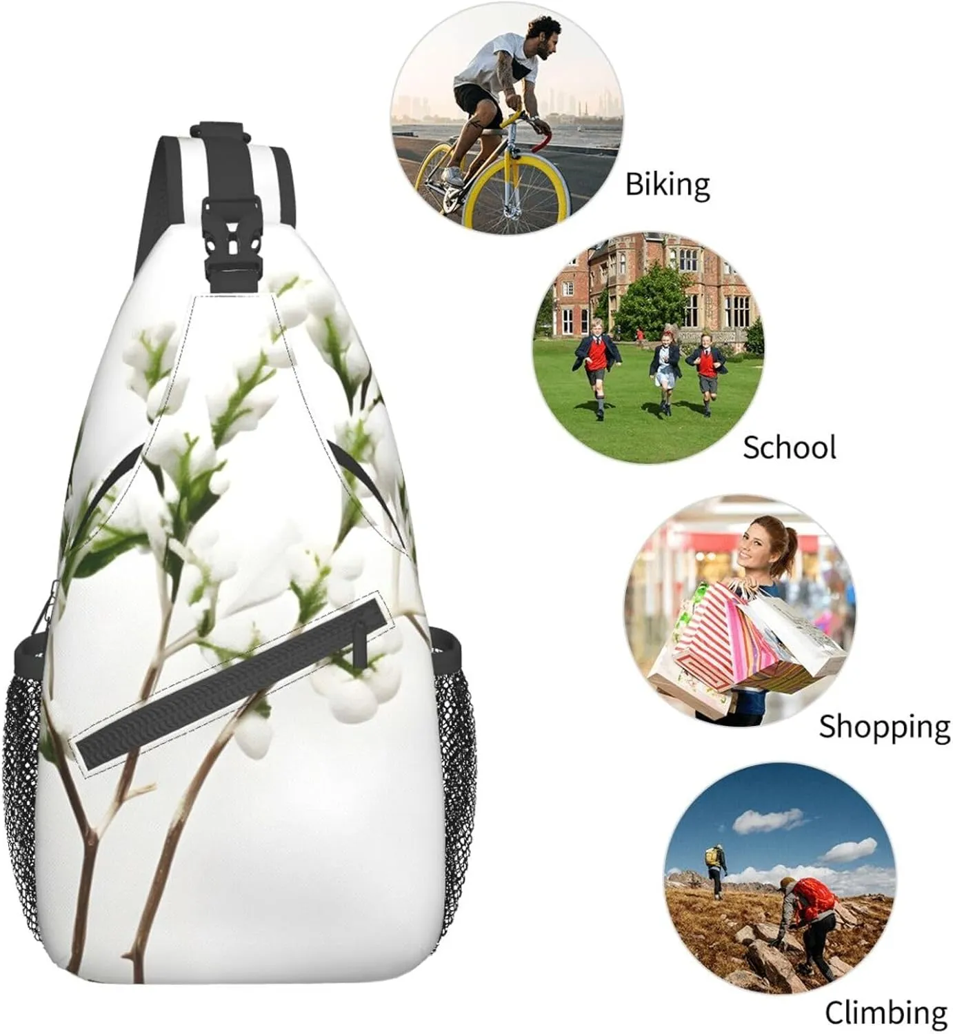 White Natural Green Branch High Storage Capacity Chest Bag Diagonally Sling Backpack Crossbody Shoulder Bag For Men Women
