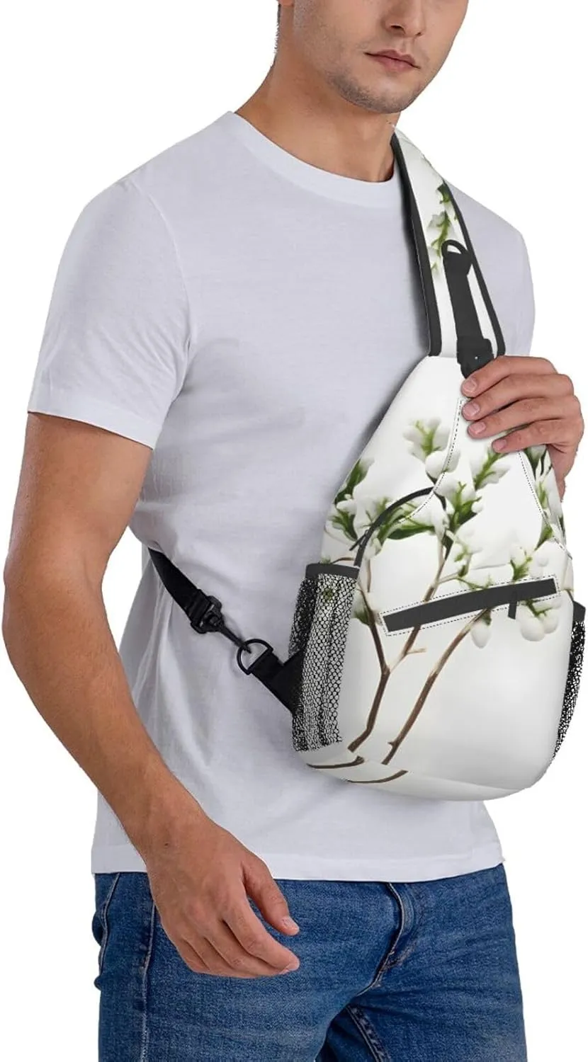White Natural Green Branch High Storage Capacity Chest Bag Diagonally Sling Backpack Crossbody Shoulder Bag For Men Women
