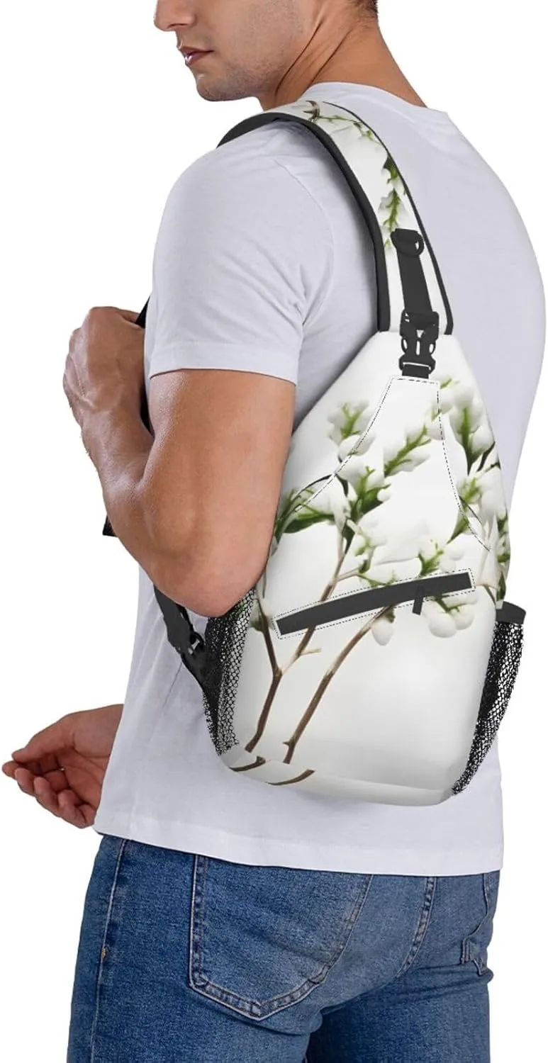 White Natural Green Branch High Storage Capacity Chest Bag Diagonally Sling Backpack Crossbody Shoulder Bag For Men Women