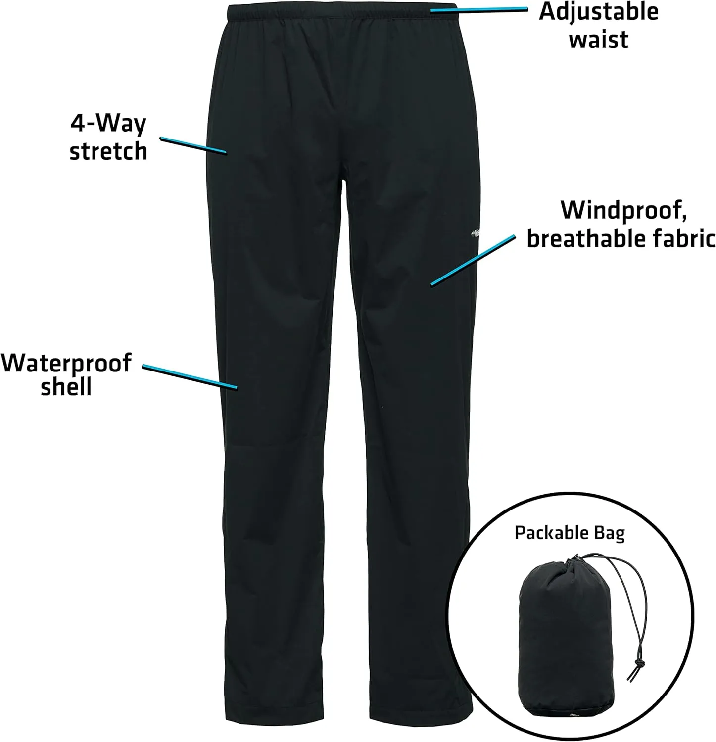 Whitewater Fishing Men’s Packable Rain Pants, Lightweight Waterproof Rain Gear