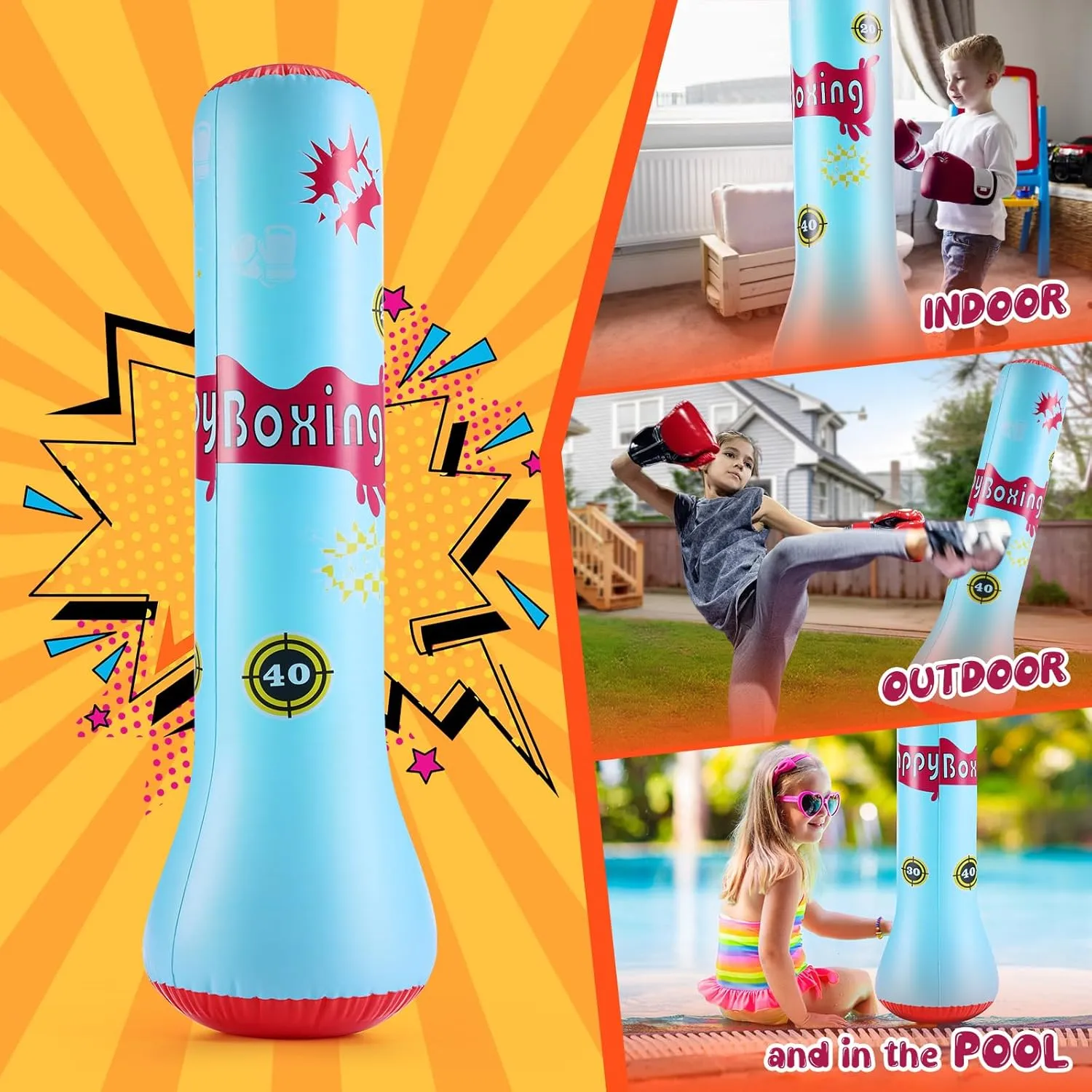 Whubefy Inflatable Punching Bag for Bounce House, Freestanding Punching Bag - 2.5L Water Fill 47 Inches Kids Inflatable Bopper for Bouncy Castle with Bounce-Back Action Kids Bounce House Enhancement