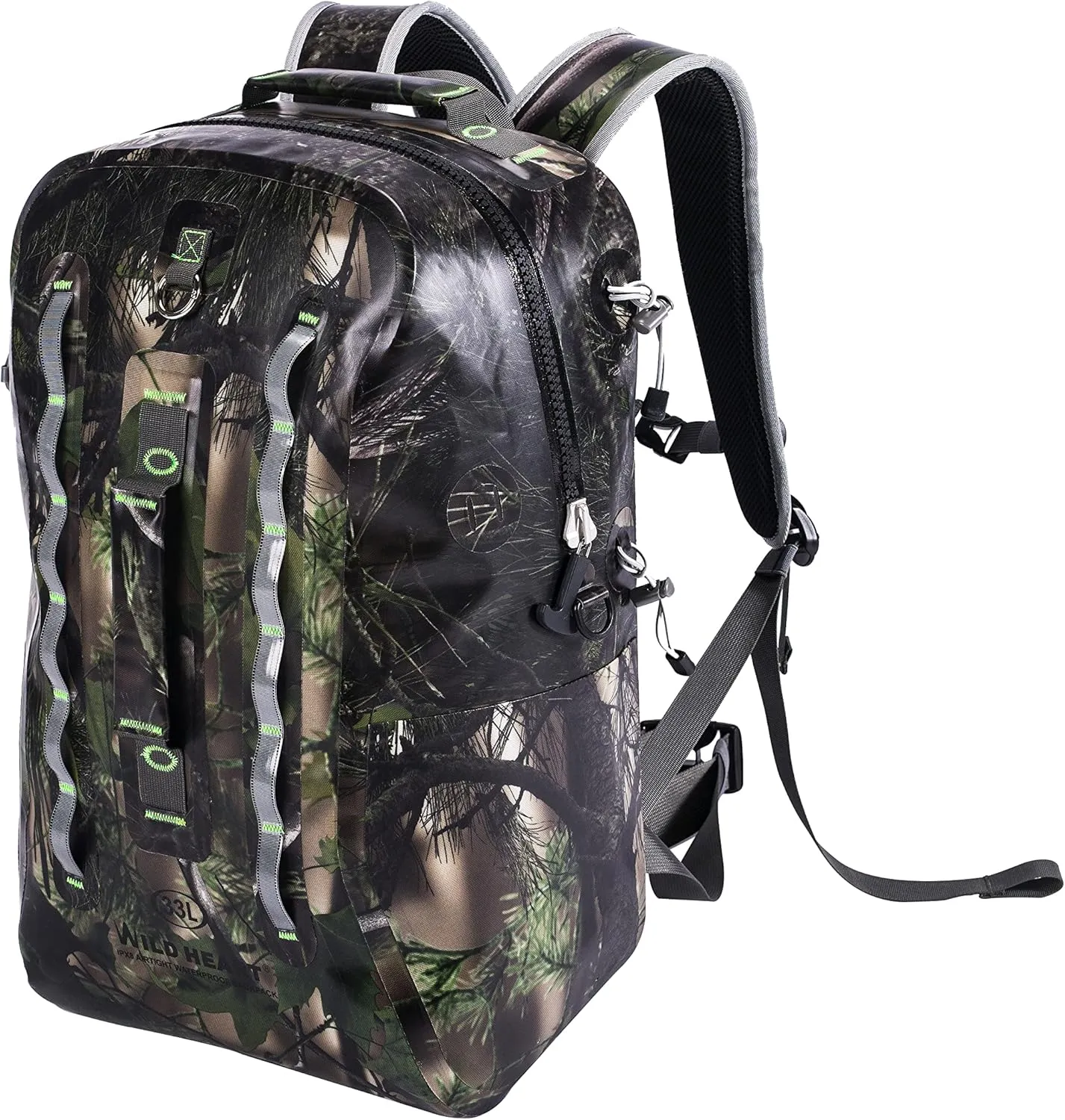 WILD HEART Waterproof and Airtight 33L Backpack with Rafting and Tracking Capabilities - Perfect for River Adventures（Army Green）