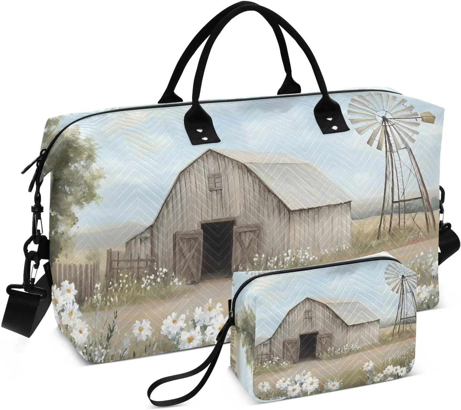 Windmill Barn Daisy Landscape Travel Duffel Bag Gym Bag Sports Tote Bag with Multiple Interior Pockets Shoulder Weekender Bag for Women Men with Toiletry Bag 20.5”x 7.9”x 13.8”