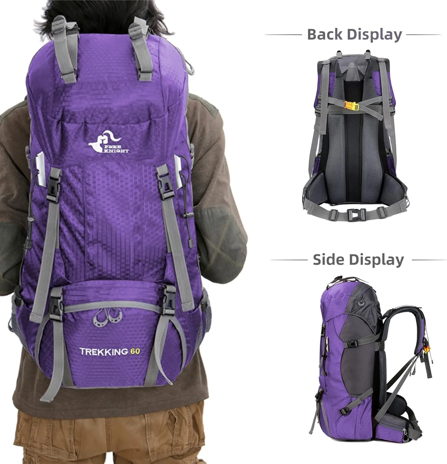 WIYPRQZ 60L Waterproof Hiking Camping Backpack with Rain Cover Camping Travel Bag for Climbing Fishing Men Women (Purple)