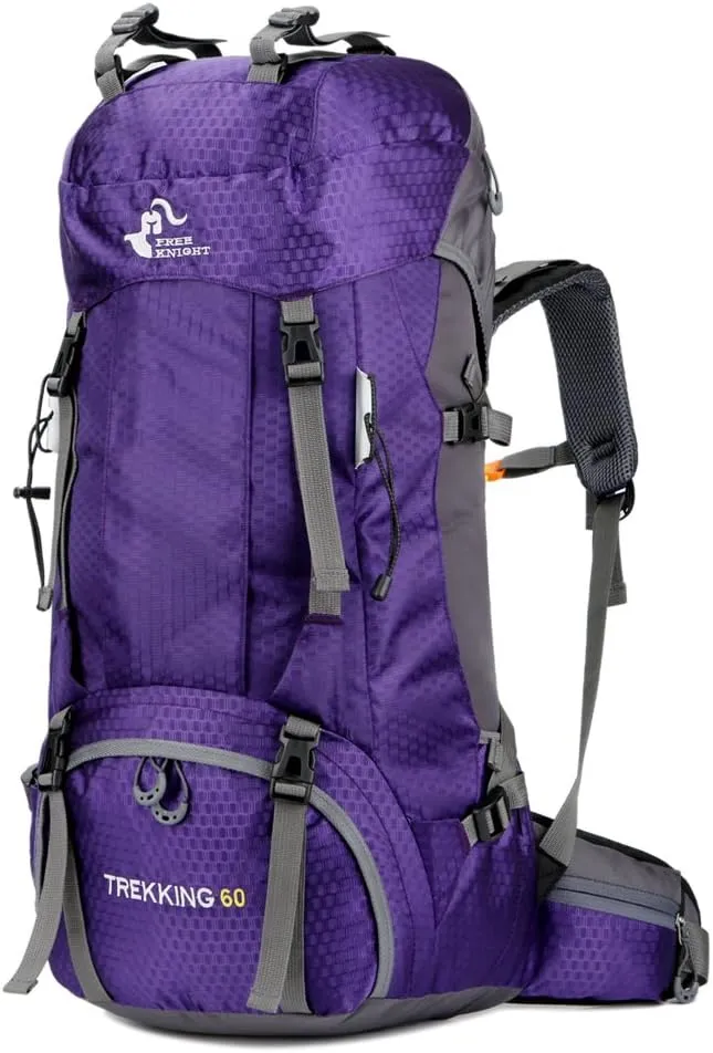 WIYPRQZ 60L Waterproof Hiking Camping Backpack with Rain Cover Camping Travel Bag for Climbing Fishing Men Women (Purple)