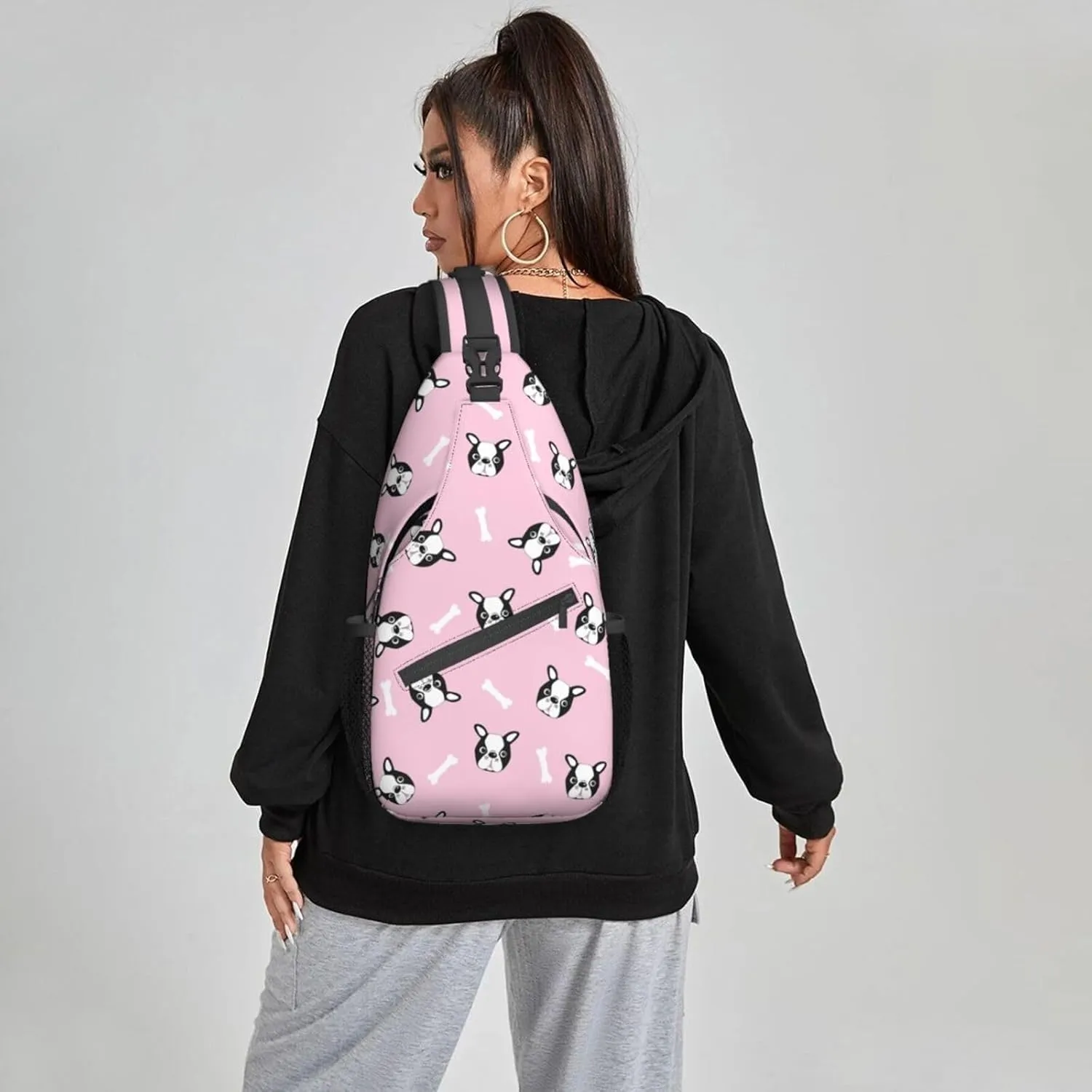 Women Boston Dog Cute Heads Puppy Crossbody Sling Backpack for Men Chest Bag Shoulder Bag Lightweight One Strap Backpack Travel Outdoor Daypack