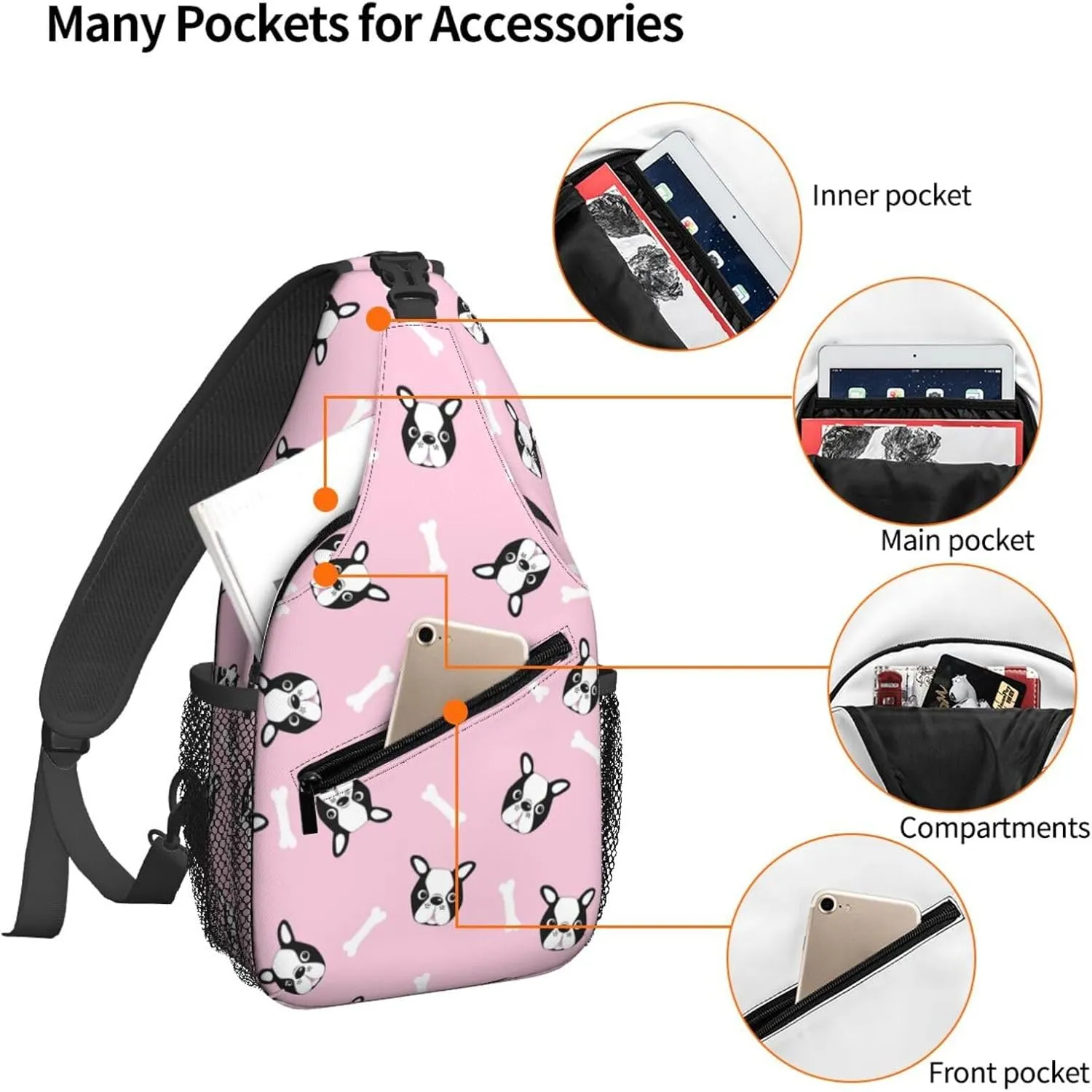 Women Boston Dog Cute Heads Puppy Crossbody Sling Backpack for Men Chest Bag Shoulder Bag Lightweight One Strap Backpack Travel Outdoor Daypack