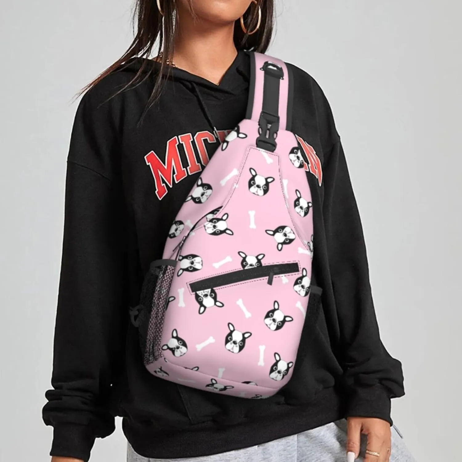 Women Boston Dog Cute Heads Puppy Crossbody Sling Backpack for Men Chest Bag Shoulder Bag Lightweight One Strap Backpack Travel Outdoor Daypack