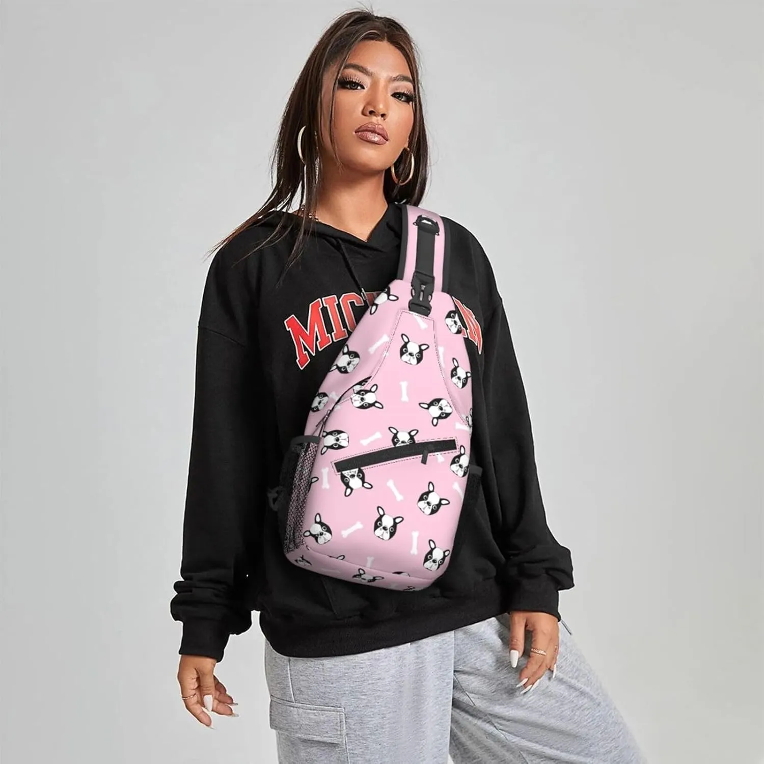 Women Boston Dog Cute Heads Puppy Crossbody Sling Backpack for Men Chest Bag Shoulder Bag Lightweight One Strap Backpack Travel Outdoor Daypack