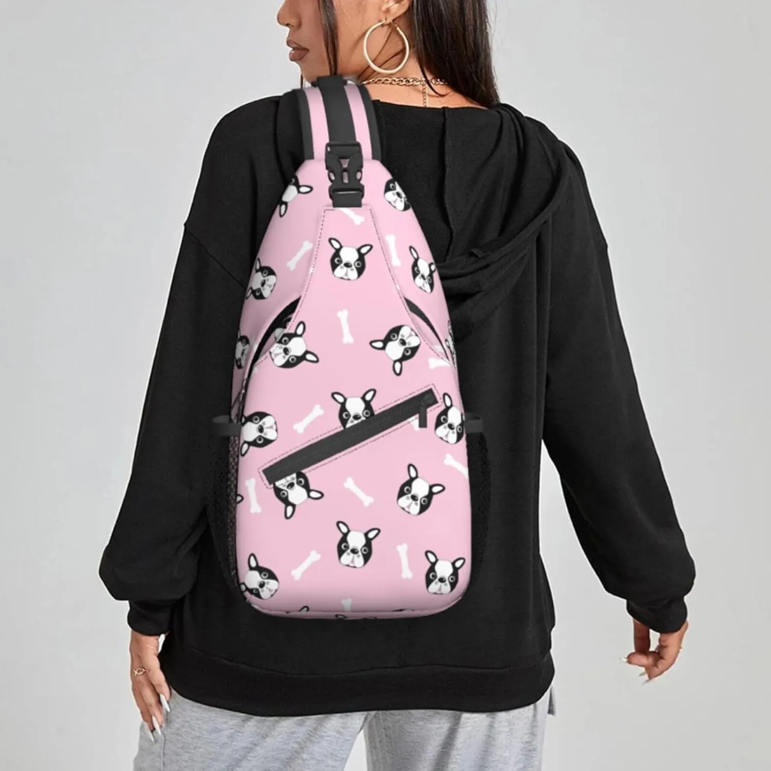 Women Boston Dog Cute Heads Puppy Crossbody Sling Backpack for Men Chest Bag Shoulder Bag Lightweight One Strap Backpack Travel Outdoor Daypack