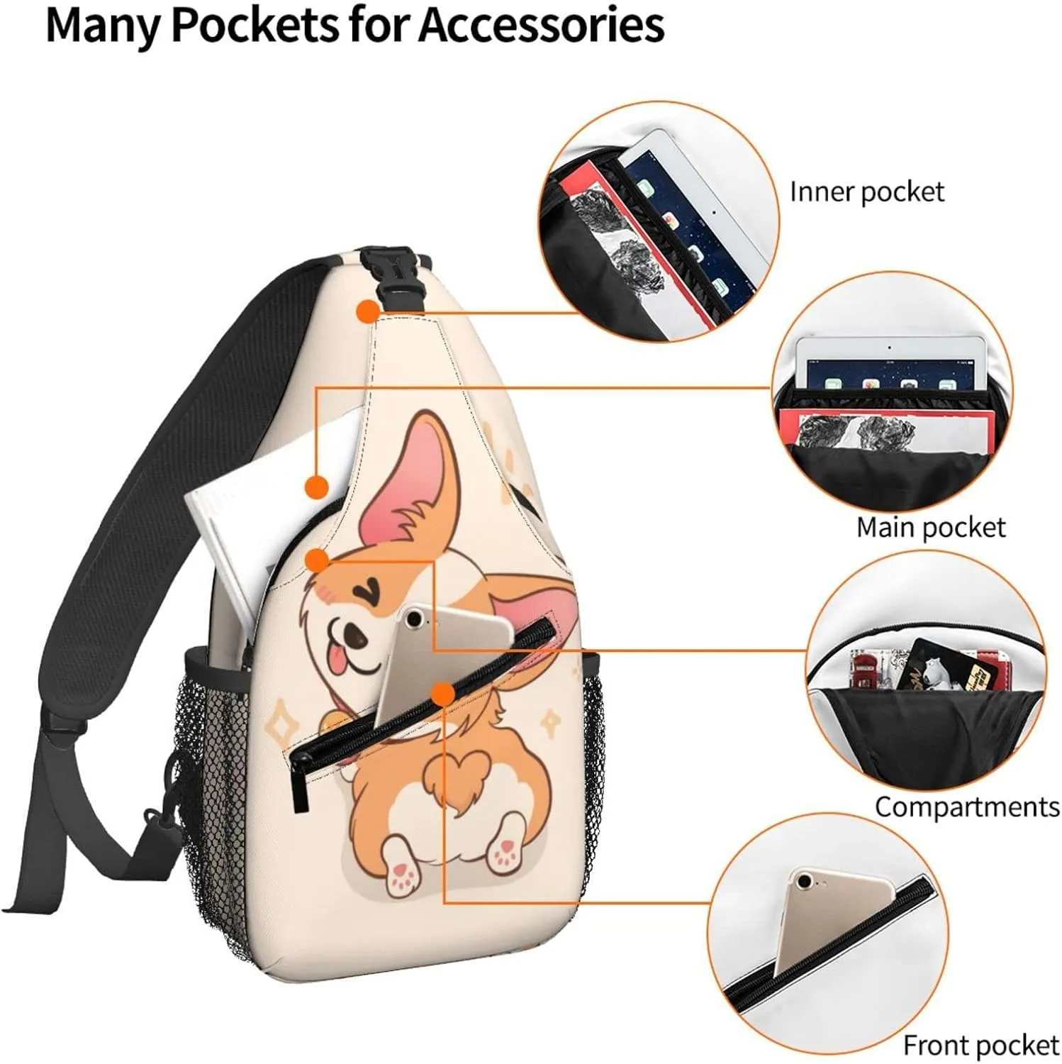 Women Cartoon Cute Corgi Dog Butt Crossbody Sling Backpack for Men Chest Bag Shoulder Bag Lightweight One Strap Backpack Travel Outdoor Daypack
