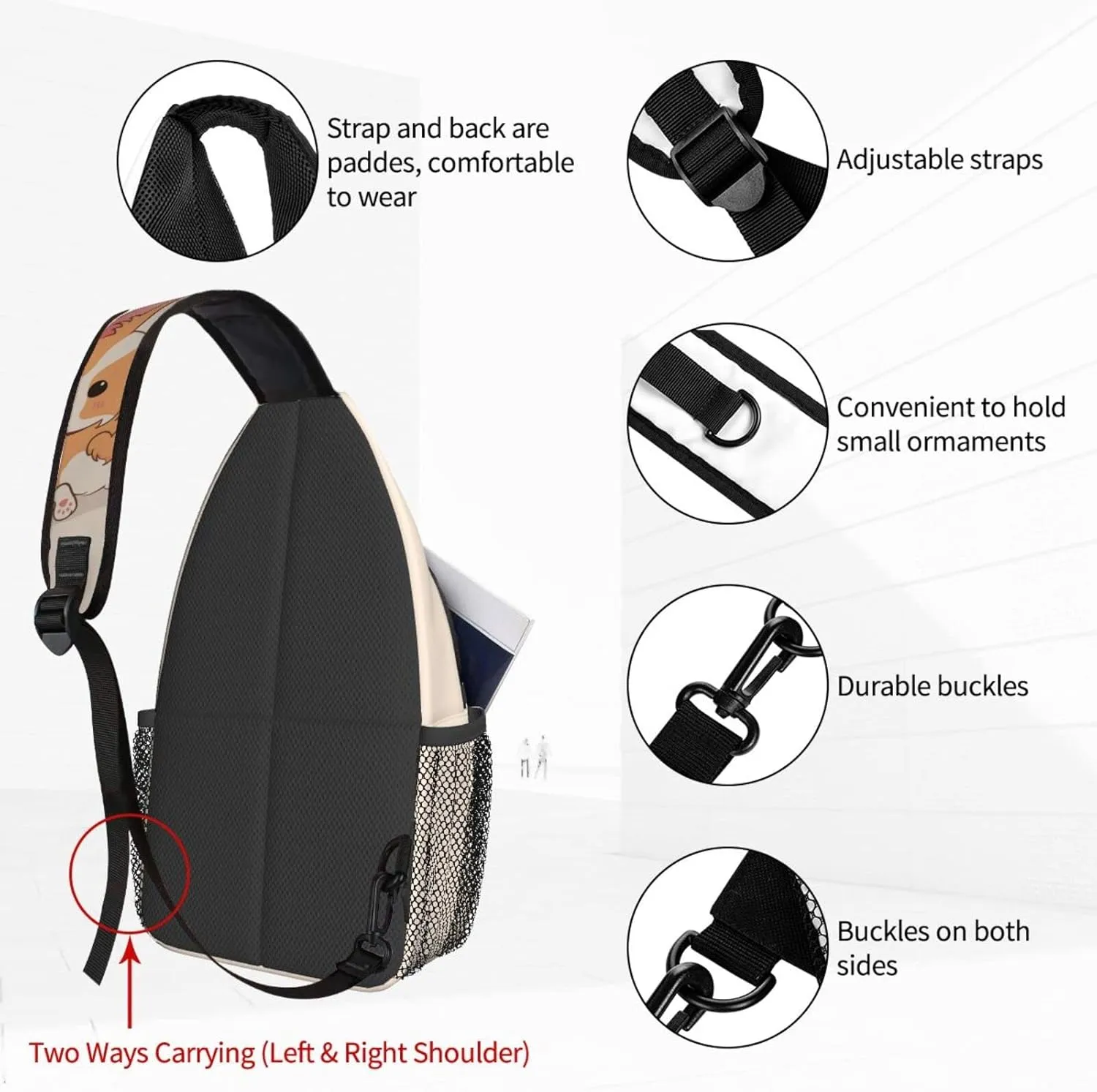Women Cartoon Cute Corgi Dog Butt Crossbody Sling Backpack for Men Chest Bag Shoulder Bag Lightweight One Strap Backpack Travel Outdoor Daypack