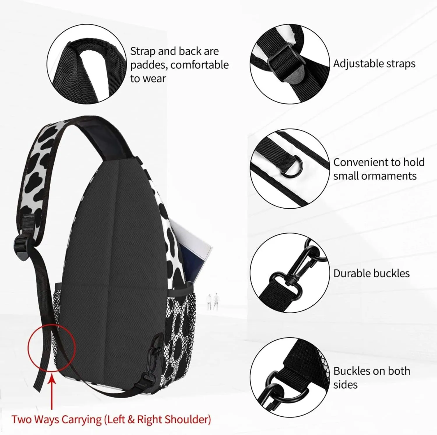 Women Cow Skin Pattern Crossbody Sling Backpack for Men Chest Bag Shoulder Bag Lightweight One Strap Backpack Travel Outdoor Daypack