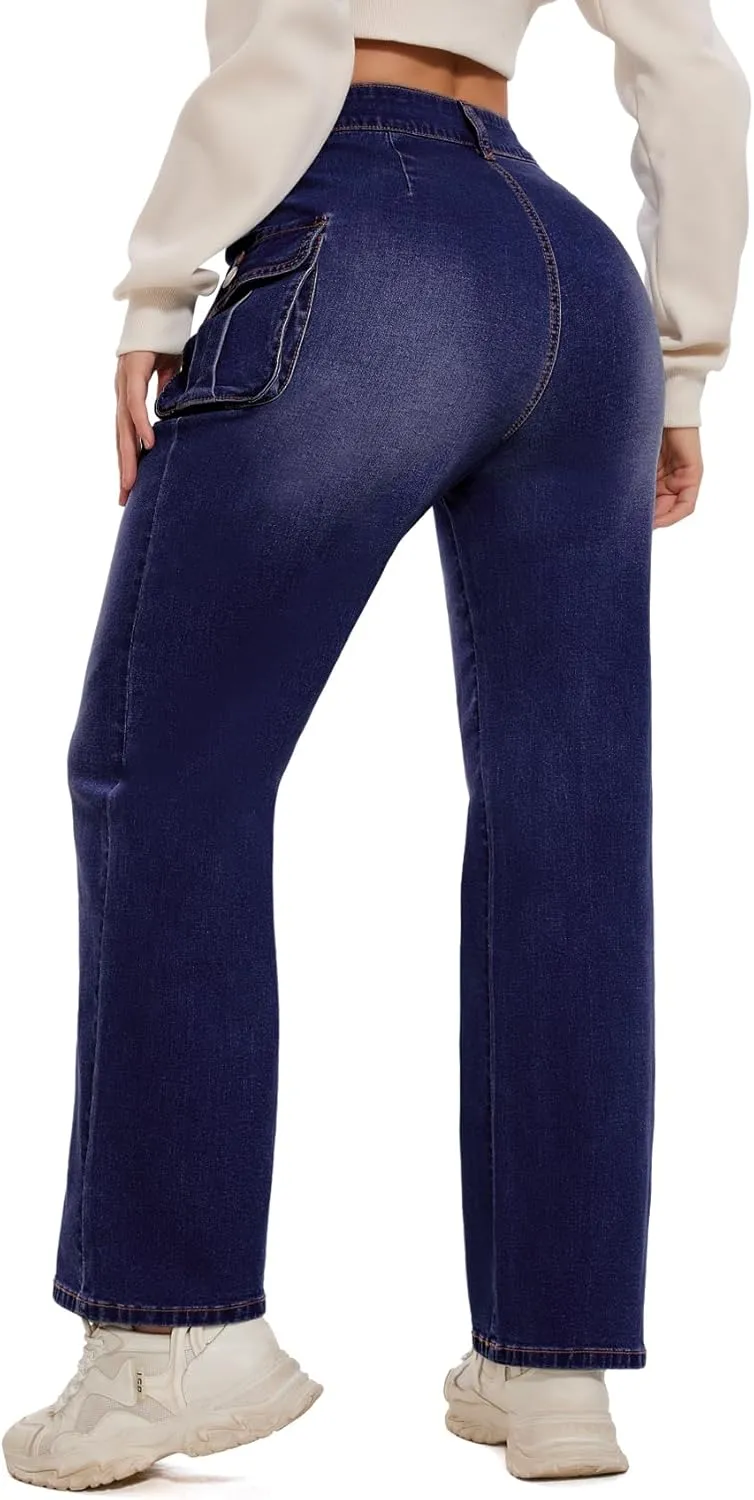 Women Denim Sweatpant Cargo Jeans High Waist Flap Pocket Casual Full-Length Wide Leg Pants Baggy Faux Jeans