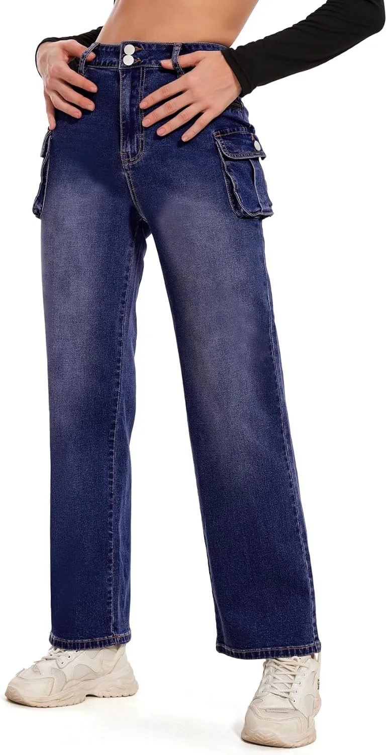 Women Denim Sweatpant Cargo Jeans High Waist Flap Pocket Casual Full-Length Wide Leg Pants Baggy Faux Jeans