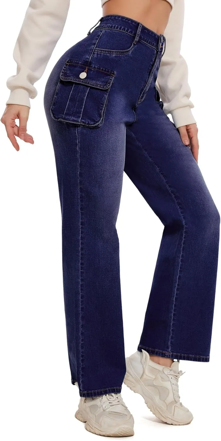 Women Denim Sweatpant Cargo Jeans High Waist Flap Pocket Casual Full-Length Wide Leg Pants Baggy Faux Jeans