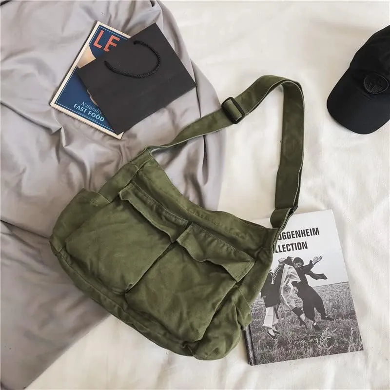 Women Grunge Canvas Shoulder bag Y2K Casual Hobo Messenger Bag Harajuku Vintage Retro Handbag (army green)