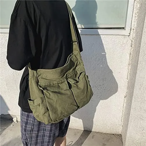 Women Grunge Canvas Shoulder bag Y2K Casual Hobo Messenger Bag Harajuku Vintage Retro Handbag (army green)