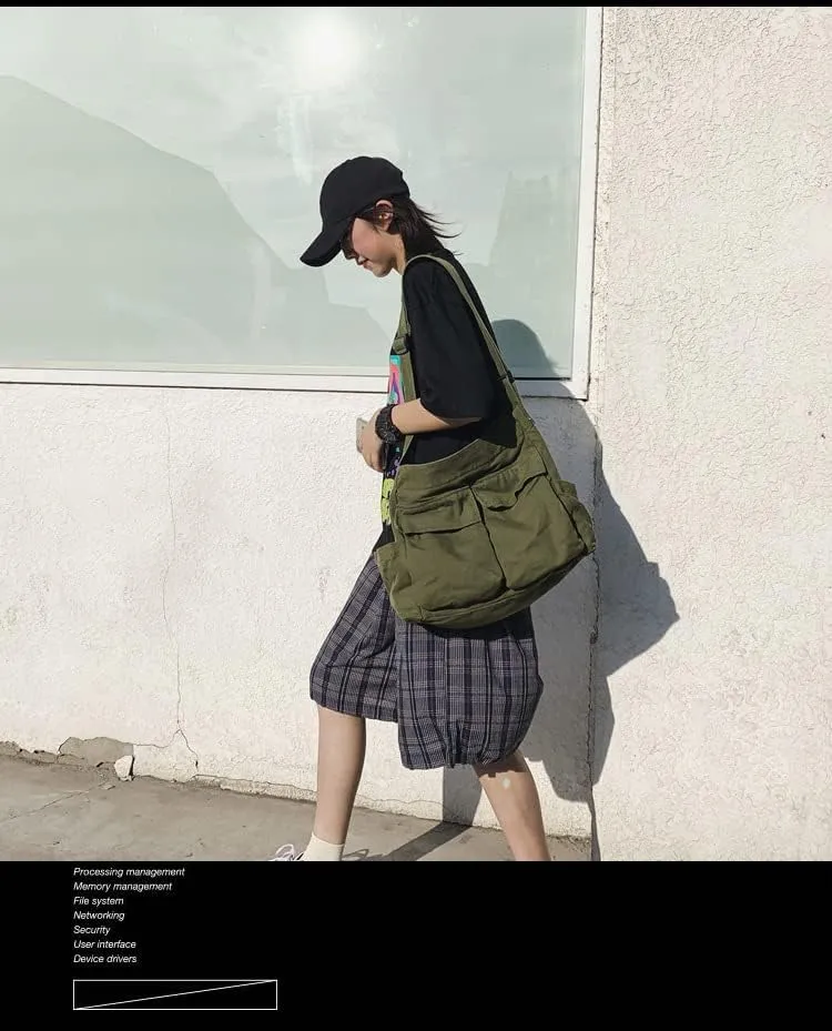 Women Grunge Canvas Shoulder bag Y2K Casual Hobo Messenger Bag Harajuku Vintage Retro Handbag (army green)