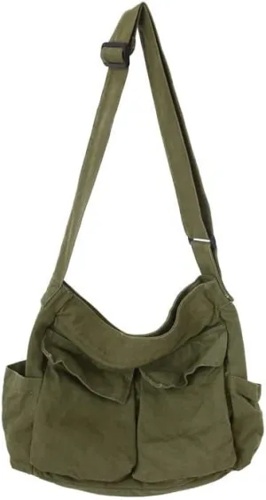 Women Grunge Canvas Shoulder bag Y2K Casual Hobo Messenger Bag Harajuku Vintage Retro Handbag (army green)