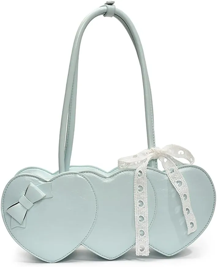 Women PU Leather Shoulder Handbag Heart Shaped Underarm Bag with Bow Embellishments Cute Fashion Tote Purse