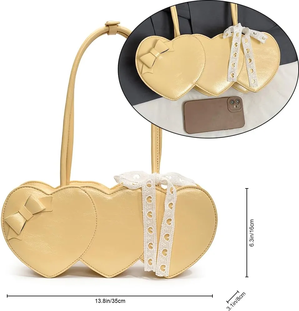 Women PU Leather Shoulder Handbag Heart Shaped Underarm Bag with Bow Embellishments Cute Fashion Tote Purse
