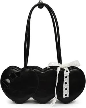 Women PU Leather Shoulder Handbag Heart Shaped Underarm Bag with Bow Embellishments Cute Fashion Tote Purse