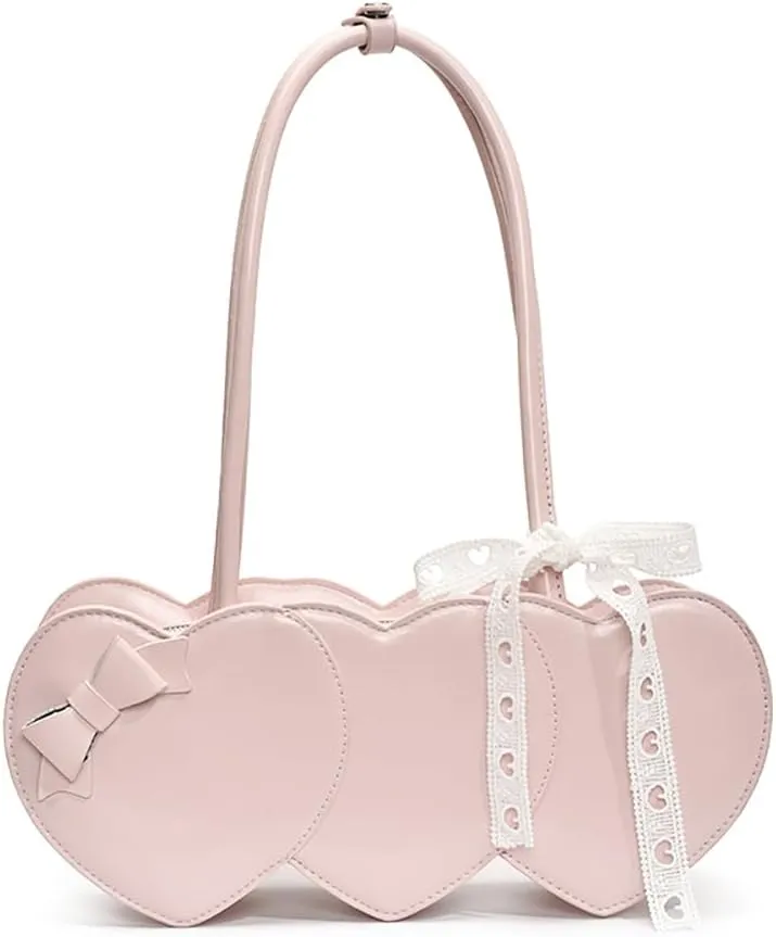 Women PU Leather Shoulder Handbag Heart Shaped Underarm Bag with Bow Embellishments Cute Fashion Tote Purse