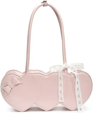 Women PU Leather Shoulder Handbag Heart Shaped Underarm Bag with Bow Embellishments Cute Fashion Tote Purse